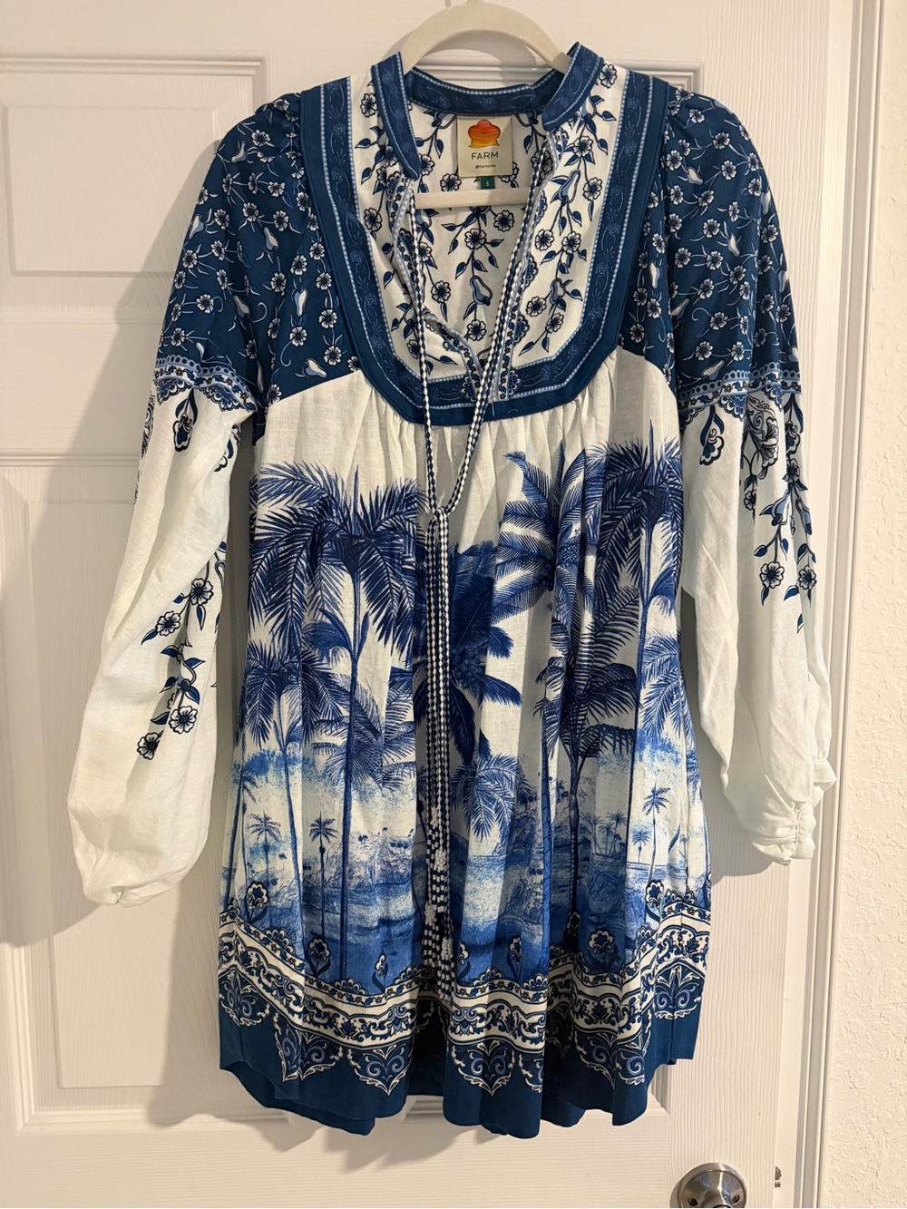 FARM Rio Blue & White Palm-Print Peasant Tunic